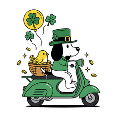 Cute Kawaii Dog Riding Green Scooter with Bird in Basket and Shamrocks for St. Patrick's Day