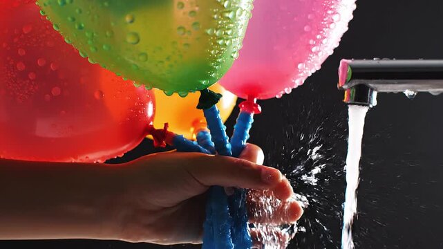 Hand holds multicolored balloons with water droplets, hovering near a flowing faucet, vibrant celebration scene,Holi,Festival of Colors,4th March