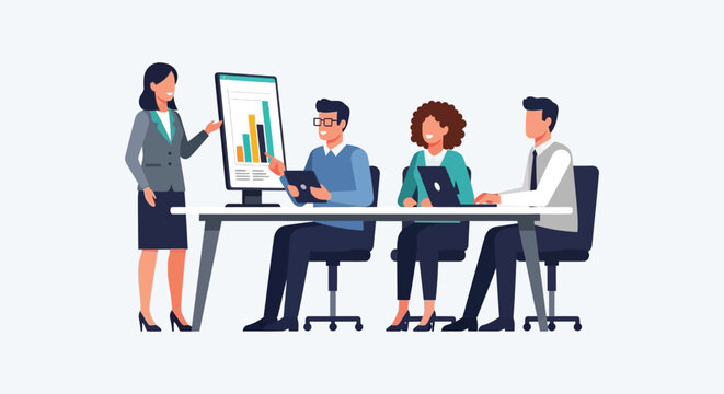 A business team collaborates around a conference table presenting data and strategizing a flat vector silhouette high quality professional detailed modern