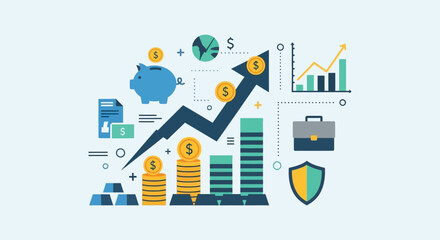 Fototapeta premium Financial growth illustration with icons representing money investment and success featuring a stark silhouette high quality professional detailed modern elegant stylish