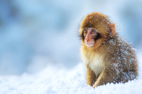 Young Japanese Snow Monkey Sitting in Deep Winter Snow