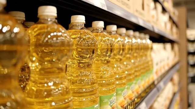 Multiple bottles of vegetable cooking oil lined up on a grocery store shelf