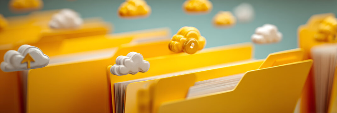 Yellow file folders with cloud icons floating above, illustrating digital cloud storage or data organization concepts