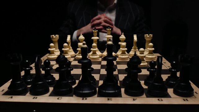 A chess player makes the first move with a white pawn on a black background. Close-up of a face-less hand