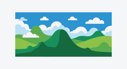 A minimalist landscape depicts rolling green hills fluffy white clouds and a bright blue sky presented as a striking silhouette © mrvect02