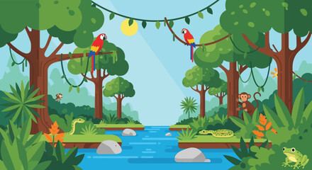 A vibrant jungle scene depicts colorful parrots a playful monkey and lush vegetation creating a tropical paradise silhouette high quality professional © mrvect02