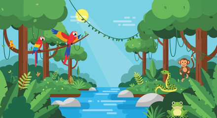 A vibrant jungle scene depicts colorful parrots a monkey and a snake near a river creating a beautiful silhouette high quality © mrvect02