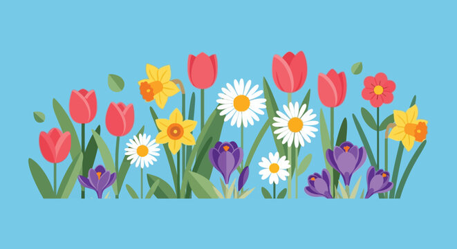 A vibrant arrangement of tulips daffodils daisies and crocuses bloom against a serene blue backdrop silhouette high quality professional detailed modern