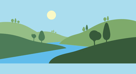 Fototapeta premium A serene landscape featuring rolling hills a winding river and a bright sun rendered as a striking silhouette high quality professional