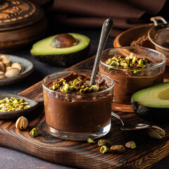 Servings of homemade sweet and delicious chocolate avocado mousse. 