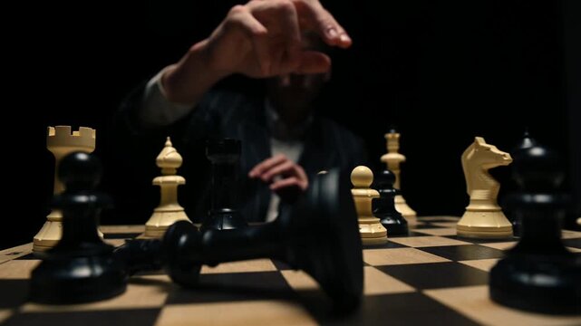 Chess game, pawn eats king, match won. Chess player makes checkmate, first person view on black background. Man in jacket playing chess