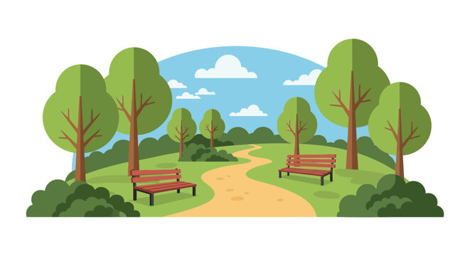 A peaceful park scene with trees a winding path and benches depicted in a flat graphic silhouette high quality professional detailed