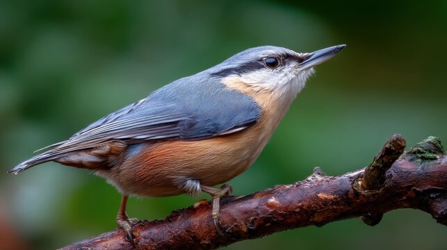 A small bird stands on a branch looking alert in its environment. The background shows blurred greenery suggesting a forest or garden setting during daytime.