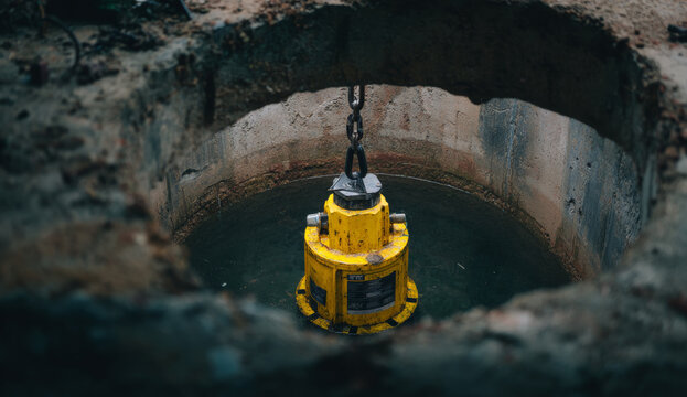 Yellow sump pump with rugged textured surface lowering into a concrete underground well for water removal