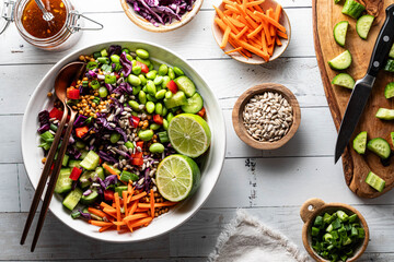 A healthy homemade sunflower crunch edamame salad, ready for eating.