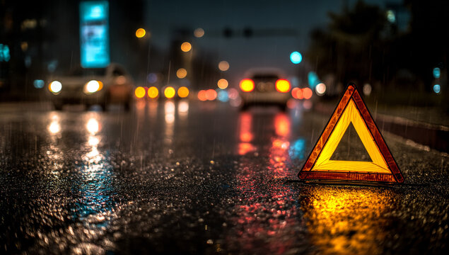 Yellow triangular warning sign placed on wet asphalt road at night with blurred city lights and vehicles in the background