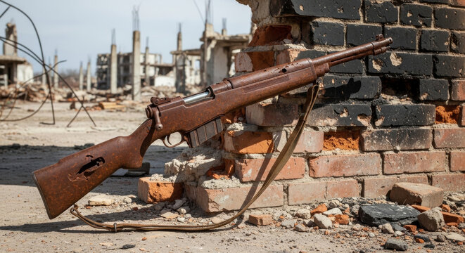 Rusted M1 Garand rifle amidst crumbling ruins