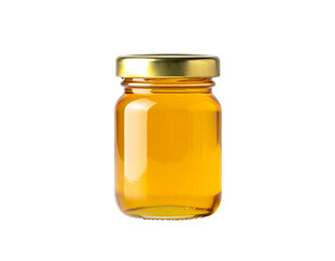 Jar of golden honey with a shiny golden lid isolated on white background.