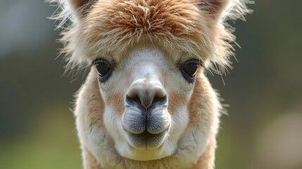 Fototapeta premium Friendly Alpaca's Gaze: A close-up view of an alpaca, its soft, fluffy fleece and gentle eyes radiate warmth and approachability.