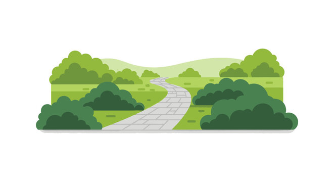 A winding pathway stretches through lush green hills and foliage creating a serene and inviting landscape silhouette high quality professional detailed