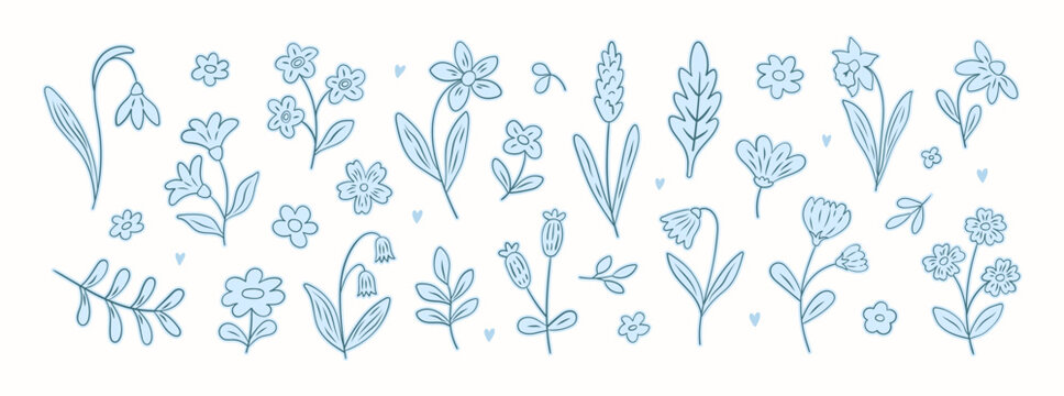 Set of doodle flower spring summer stickers