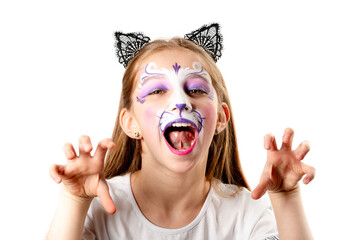 Face Art Of A Girl With Cat Face Painting For A Children's Party On A White Background