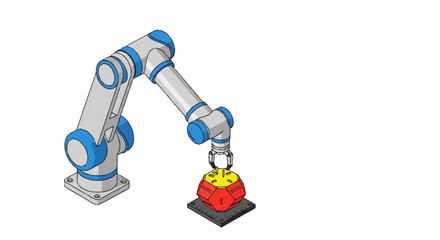 Industrial robotic arm holding a red object on a black platform.