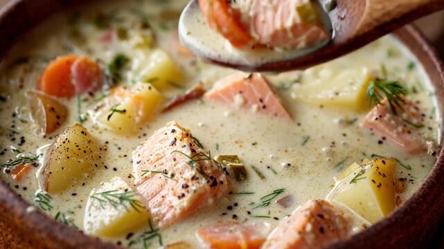 Creamy Salmon Chowder with Vegetables in Rustic Bowl