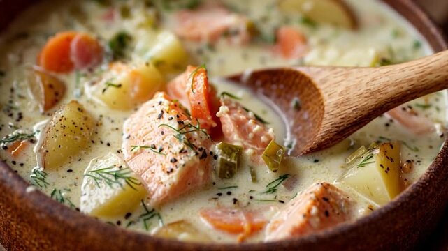 Creamy Salmon Chowder with Vegetables in Rustic Bowl