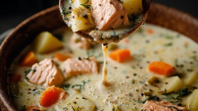 Creamy Salmon Chowder with Vegetables in Rustic Bowl