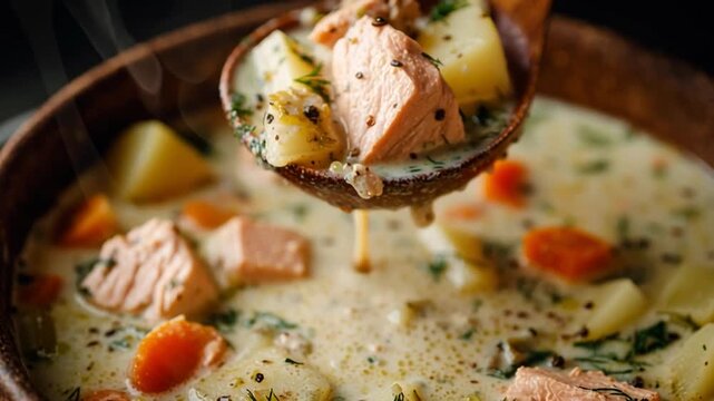 Creamy Salmon Chowder with Vegetables in Rustic Bowl