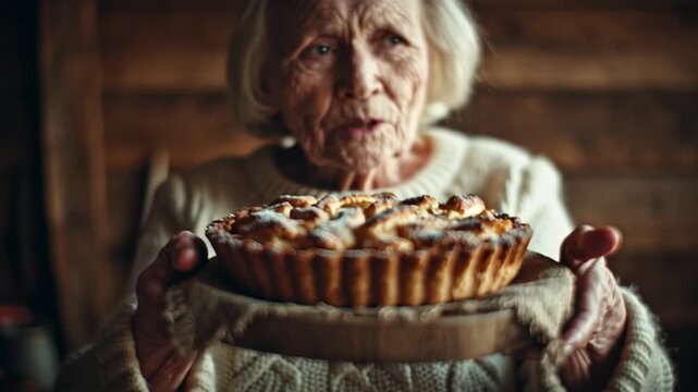 Elderly Woman Offering Homemade Apple Pie in Moody Light