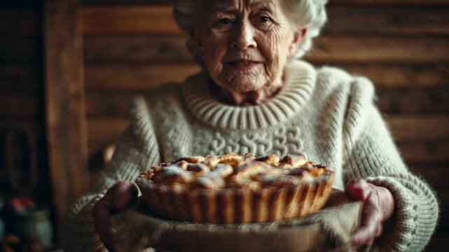 Elderly Woman Offering Homemade Apple Pie in Moody Light