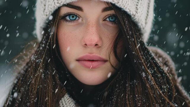Winter Portrait of Girl in White Knitted Hat During Snowfall