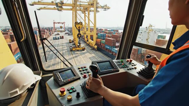 Operator in crane cab overlooking busy container port operations