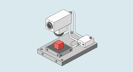 Industrial machine vision system inspecting a red cube on a conveyor belt. © Malikmagak
