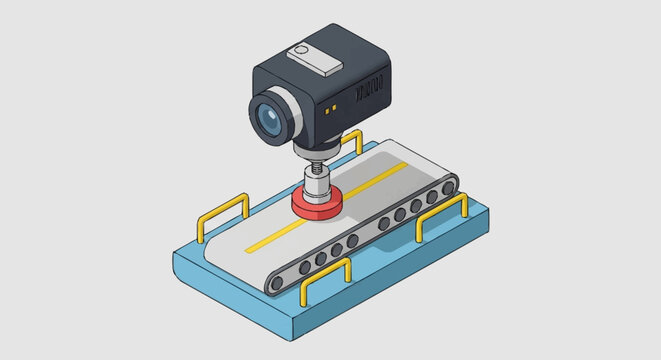 Industrial machine vision camera inspecting products on conveyor belt.
