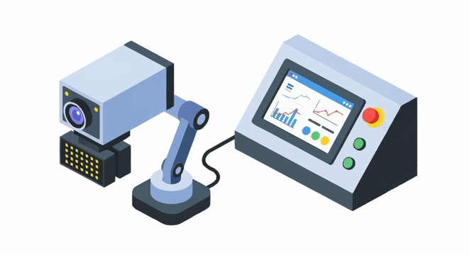 Machine vision inspection system with robotic arm and control panel.