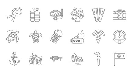 Collection of Simple Line Icons Representing Travel and Leisure Activities.
