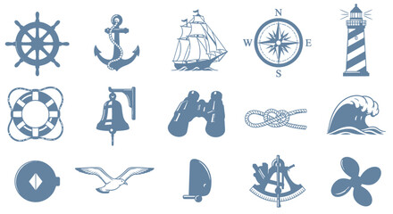 Collection of blue nautical icons including maritime symbols and elements. © Bismillah