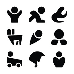 Set of nine black silhouette representing various human activities and postures white activity