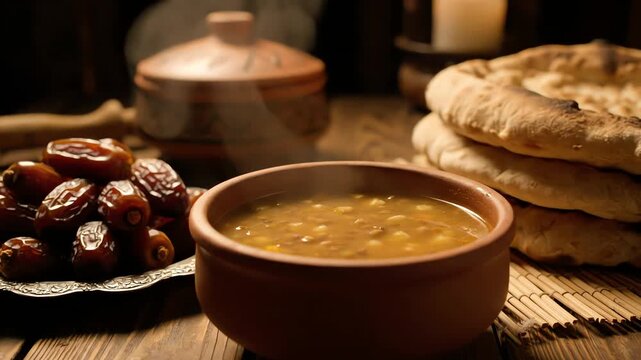 Traditional middle eastern meal with steaming soup, dates, and flatbread on a rustic table