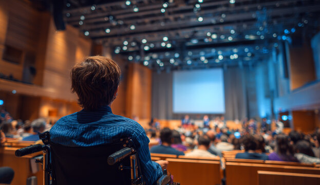 Young man in a wheelchair wearing a blue shirt attending a conference or presentation in a large auditorium with wooden walls and a big screen