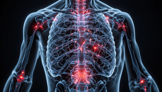 Internal structure of the human torso and upper limbs displays areas of inflammation or pain highlighted in red