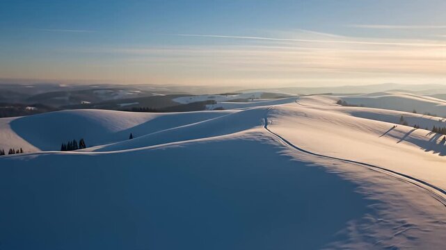 Serene winter landscape with rolling snow-covered hills under a bright sunrise, peaceful ambiance