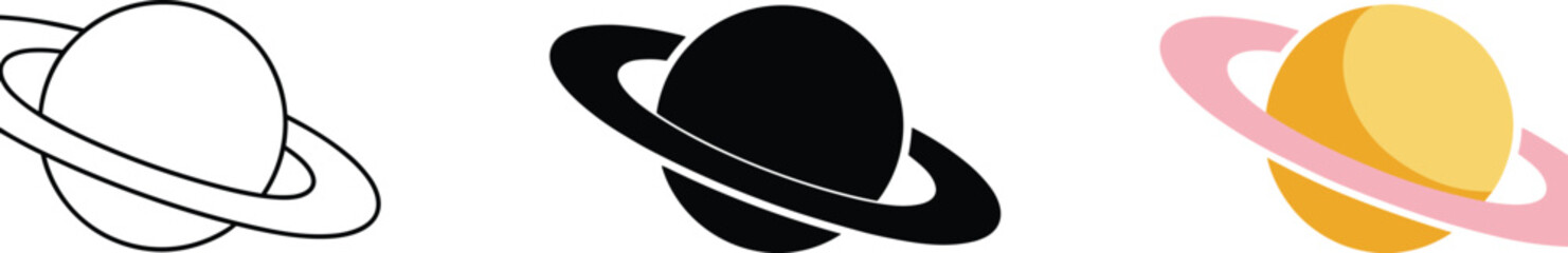 "Set of three stylized planet with rings illustrations resembling Saturn, featuring minimalist black, outlined, and colorful gradient designs for astronomy, space, science, and creative concepts" © MstNur