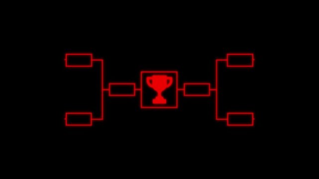 32 team tournament bracket championship template with red line animation isolated on black background. Championship bracket schedule for sports, football, 4k video animation concept