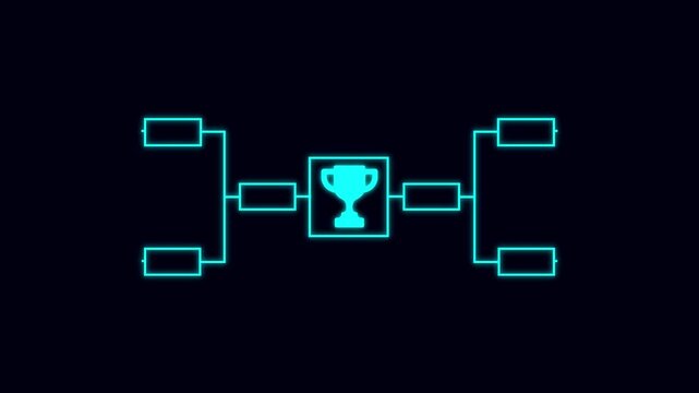 32 team tournament bracket championship template with cyan line animation isolated on black background. Championship bracket schedule for sports, football, 4k video animation concept
