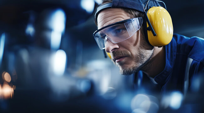 A close-up of an industrial worker wearing safety glasses and earmuffs while grinding metal, creating bright sparks.