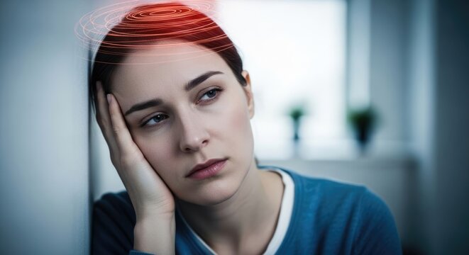 Young adult woman, suffering severe hypotension, feeling dizzy and weak, a serious medical condition, low blood arterial pressure causing fatigue and discomfort, health concept